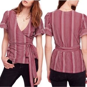 Free People Wrapped Around My Finger Top Ruffle Sleeve Burgundy V Neck Tie Boho